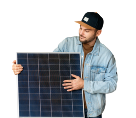 Smiling man in casual clothing holding and touching a new portable solar panel.
