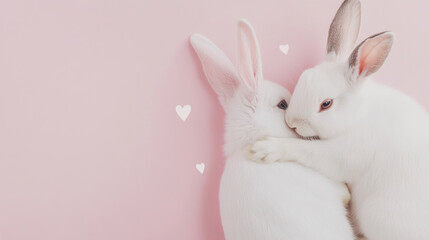 Obraz premium Two cute rabbits with hearts on pink background, St Valentines Day or Easter postcard