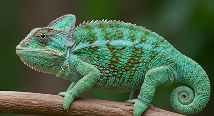 Obraz premium Colorful Green Chameleon on Branch with Red Patterns