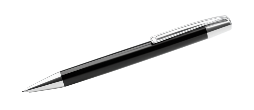 Black ballpoint pen with silver accents, isolated on transparent cutout background