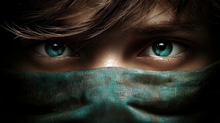 Intense Close-Up of a Young Individual with Striking Blue Eyes with Mask, Capturing Emotion and Mystery in a Dramatic Portrait