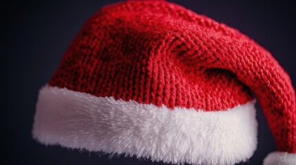 Santa hat made of knitted red and white material, festive accessory for holiday season