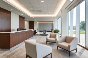 sleek, minimalistic office space with modern furniture, neutral tones, clean lines, open layout