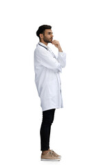male doctor on a white background thinking, in profile