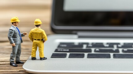 Miniature Business Team Inspecting Laptop at a Construction Site with Professional Tools