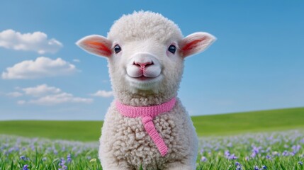 Fototapeta premium Adorable Lamb in a Sunny Field Surrounded by Flowers with a Clear Blue Sky