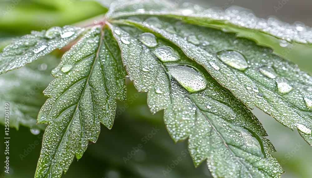Poster detailed macro shot of dew-covered leaves, vibrant green tones, sharp focus on water droplets, soft 