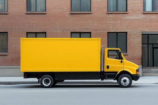 A yellow truck parked in front of a brick building, suitable for use in real estate or construction related content