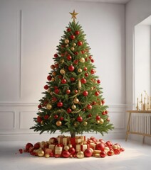 Stunning festive scene of a Christmas tree with red and gold ornaments on a white background, landscape, decorations