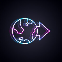 Glowing neon line Location on the globe icon isolated on black background. World or Earth sign. Vector