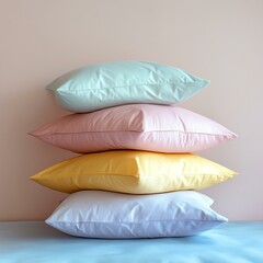Soft pastel pillows stacked against a wall.