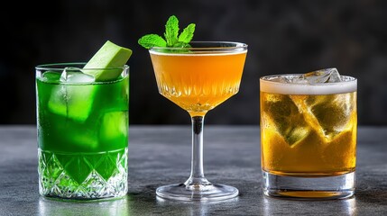 Three different cocktails displayed on a dark gray surface. A vibrant green cocktail, an orange toned cocktail, and a light amber cocktail are in