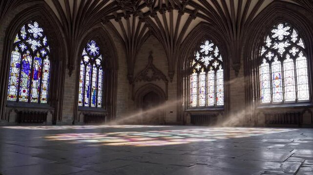 Slow Motion Shot of an Empty Dark Room in Gothic Style with Large Windows &ndash; Mysterious Cinematic Atmosphere, Haunting Shadows, Vintage Architecture, Eerie Ambience, Dramatic Lighting, Historic Mansion