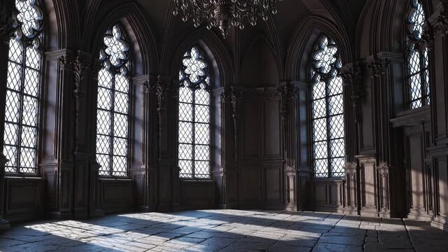 Slow Motion Shot of an Empty Dark Room in Gothic Style with Large Windows &ndash; Mysterious Cinematic Atmosphere, Haunting Shadows, Vintage Architecture, Eerie Ambience, Dramatic Lighting, Historic Mansion