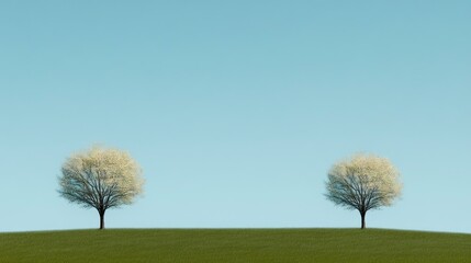 Obraz premium Realistic Beginnings of Spring: Two Budding Trees Against a Clear Blue Sky in a Landscape Setting
