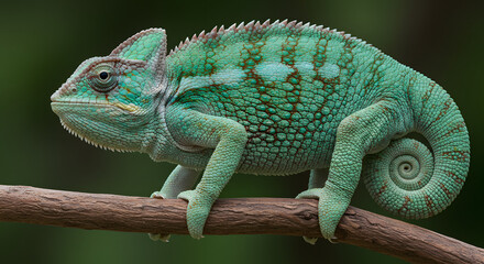 Fototapeta premium Green Chameleon on Branch Close-up