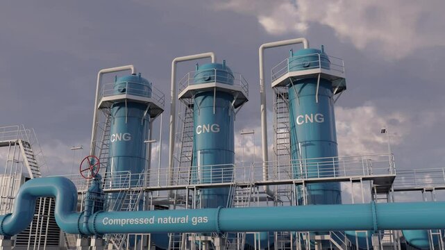 CNG plant. Large-scale facilities that compress and store CNG for distribution to smaller stations. Time lapse. 3d rendering