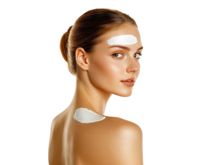 Beautiful woman with glowing skin applying sunscreen cream on her forehead and shoulder, isolated on transparent cutout background