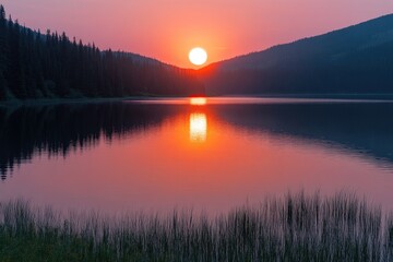 Obraz premium Sunset over a serene mountain lake with calm water and surrounding mountains