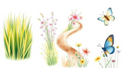 Obraz premium Serene Watercolor Path Butterflies Flowers Grass