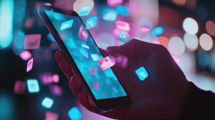 Hand using smartphone with social media notifications in neon light effect