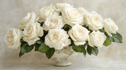 Obraz premium A bouquet of white roses gently arranged in a vintage vase, set against a soft background with a dreamy, romantic vibe.