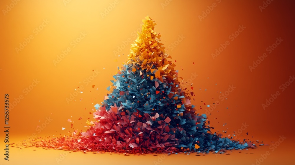 Poster abstract mountain of colorful fragments on orange gradient background: a conceptual digital art piec