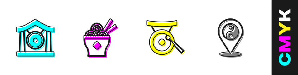 Set Gong musical instrument, Asian noodles bowl, and Yin Yang symbol icon. Vector