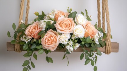 Obraz premium A bridal rose bouquet in shades of peach and ivory, placed on a wooden swing decorated with vines and flowers.