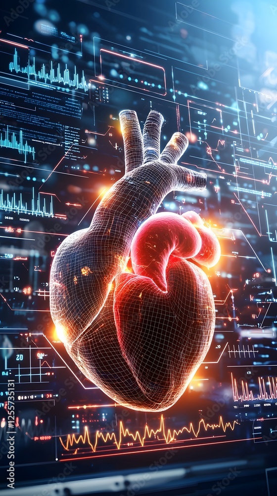 Poster holographic visualization of a human heart beating in real time surrounded by a dynamic display of s