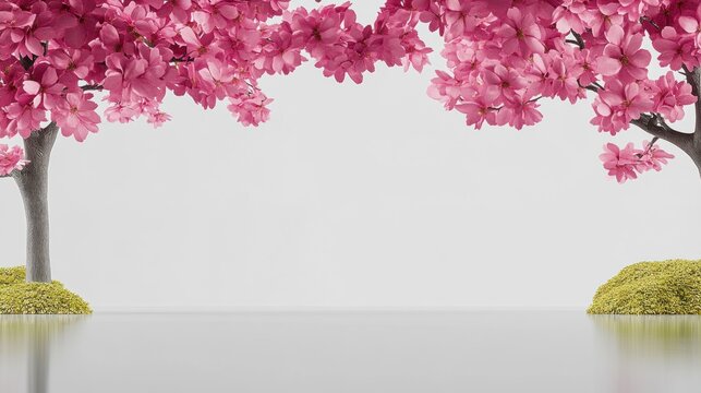 Realistic Cherry Blossoms in a Tranquil Space with Soft Pink Flowers and Greenery for Text Overlay or Background Use