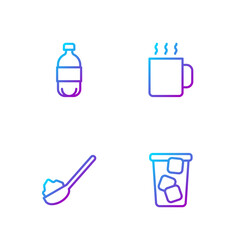 Set line Ice tea, Spoon with sugar, Bottle of water and Cup. Gradient color icons. Vector