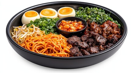 Delicious Asian Cuisine Platter with Noodles, Beef, Eggs, and Fresh Vegetables in Black Bowl