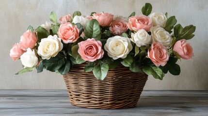 A charming artificial rose bouquet with soft cream and pale pink blooms, placed in a wicker basket.