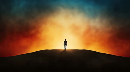 Solitary Figure Silhouetted Against a Dramatic, Colorful Sunset Over a Hilltop