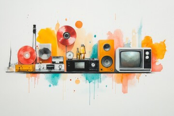 Naklejka premium A delicate watercolor sketch of a vintage media room with film reels, a classic radio, and an old-fashioned television