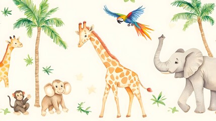 Watercolor illustration depicts cute jungle animals and tropical plants