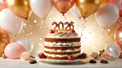 2026 happy new year. Tiramisu cake illustration for greeting card and poster design.

