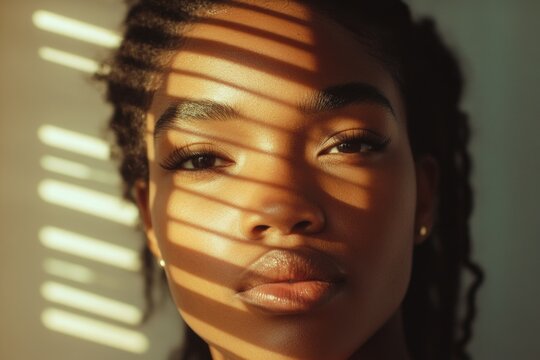 Close-up of a woman's face with a mysterious shadow on the wall