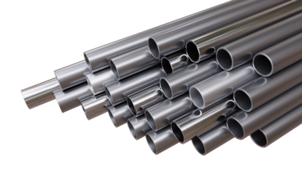 Steel hollow section beams, circular shape tube isolated on white, transparent