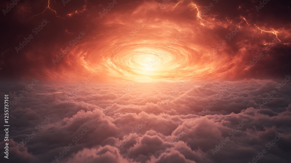 Aufkleber A breathtaking view of a glowing celestial vortex emerging above fluffy clouds, creating a dramatic interplay of light and color.