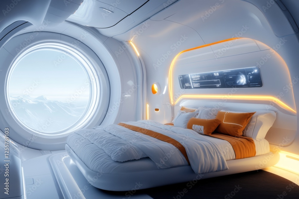 Poster a futuristic space accommodation inside a high-tech space station with floating beds and digital wal