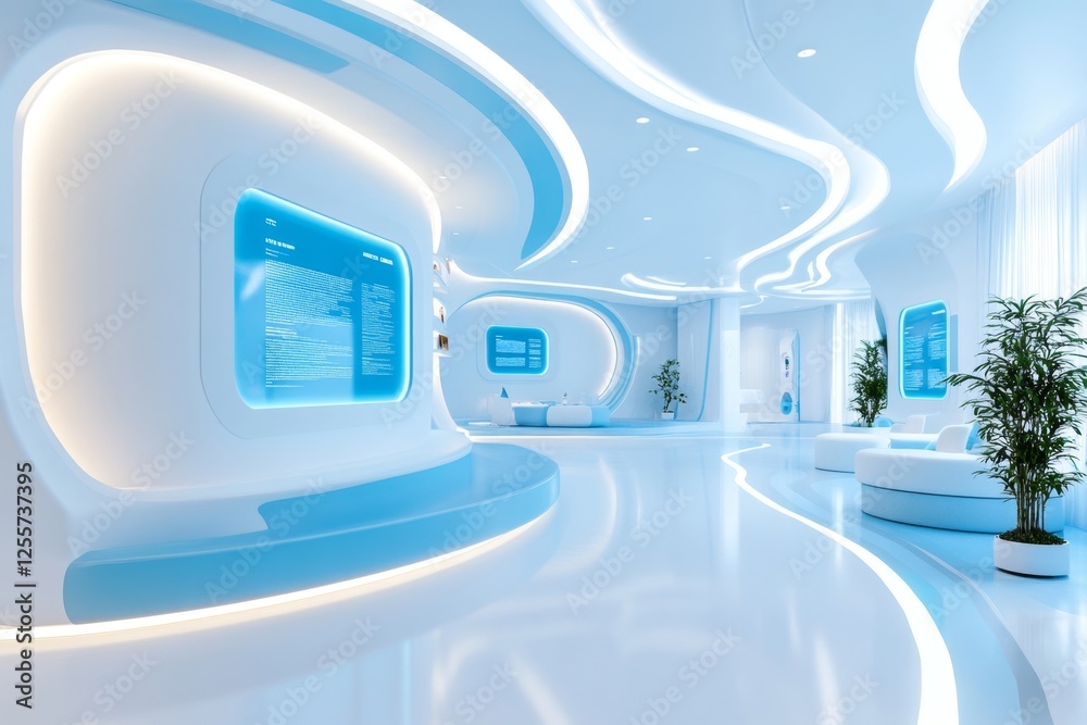 Poster a futuristic space station resource room where astronauts-in-training study using floating holograph