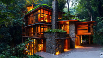 Fototapeta premium Modern sustainable house in the woods with large windows and surrounding greenery