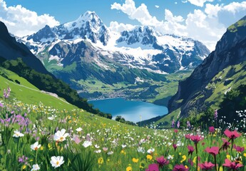 View of vibrant wildflowers, a serene turquoise lake, and majestic snow-capped mountains under a bright blue sky, perfect for travel promotions and nature-inspired designs