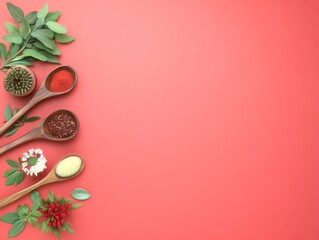 Earthy Scents of Nature: Aromatic Herbs and Spices on a Vibrant Coral Background for Culinary Inspiration