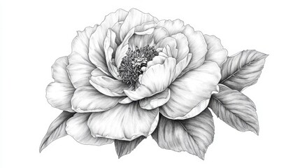 A classic, black and white ink illustration of a rose, emphasizing its delicate contours and natural beauty with crosshatch shading.