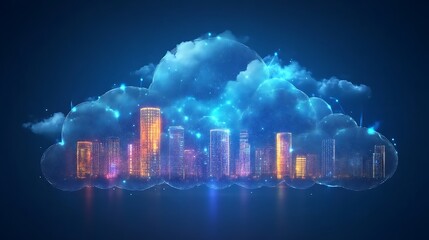 A digital city skyline nestled within a glowing cloud