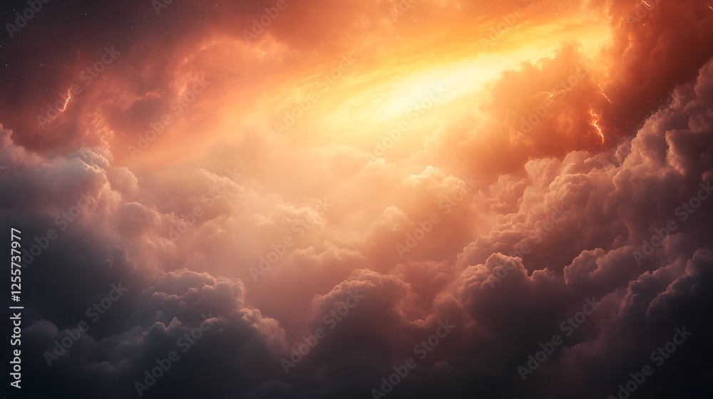 Aufkleber A dramatic sky filled with swirling clouds illuminated by a vibrant orange light, creating a captivating and mystical atmosphere.