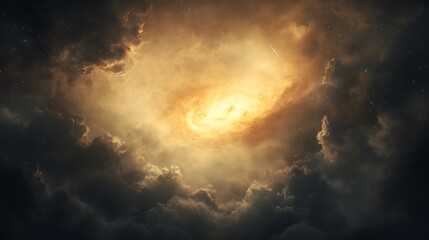 A dramatic cosmic scene featuring swirling clouds and a luminous, golden center, evoking a sense of wonder and the vastness of the universe.